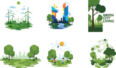 Green city living illustration, eco friendly urban landscape, sustainable environment design, renewable energy, park trees, modern nature background