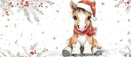 Cute watercolor illustration of a baby pony in a Santa hat and scarf. Adorable Christmas cartoon horse with big eyes, sitting in snow with falling snowflakes
