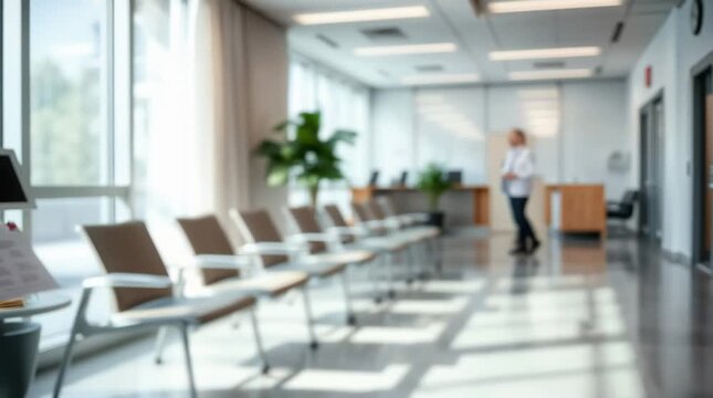 Blurred waiting room for patients with doctor appointment in modern health clinic in private practice hospital.
