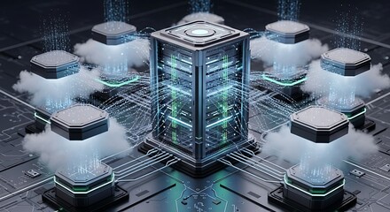 Futuristic Server Farm with Cloud Computing Technology.