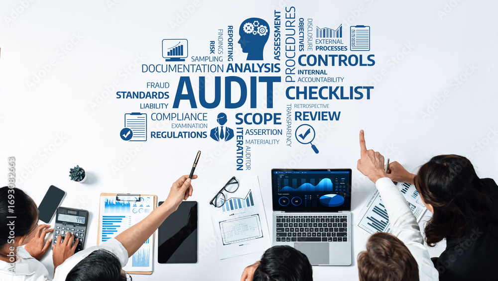 Poster a professional team collaborates on a detailed audit process, using analysis tools and checklists to