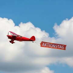 Vintage red biplane soars through blue sky pulling banner with event message white background
