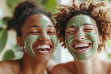 Multicultural Friends Laughing with Green Clay Masks Indoors on Spa Day
