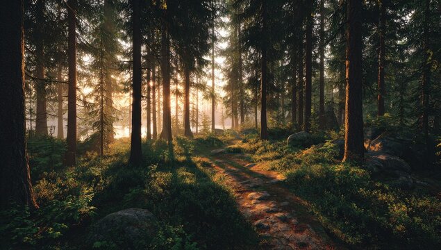 Sunrise path in a dense forest