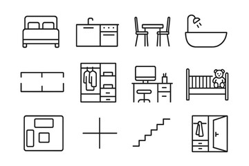 Interior Layout Icons. Line style icons of interior layout: bedroom with bed, kitchen counter, dining table, bathroom with tub;