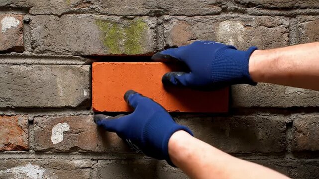 Craftsman wearing gloves carefully places a bright orange brick into a wall gap, showcasing expert masonry skills in a bustling workshop. Surrounding bricks display character and age.