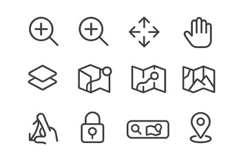 Map Interface Icons. Line style icons of map interactions: zoom in icon, zoom out icon, pan arrows, drag hand icon; map layers
