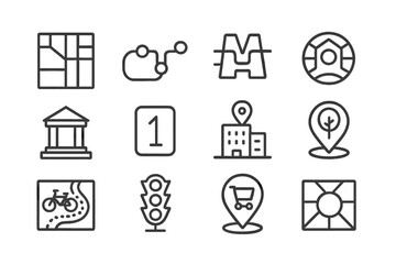 Urban Navigation Icons. Line style icons of urban navigation: city grid, bus route map, metro line icon, block view; plaza icon,