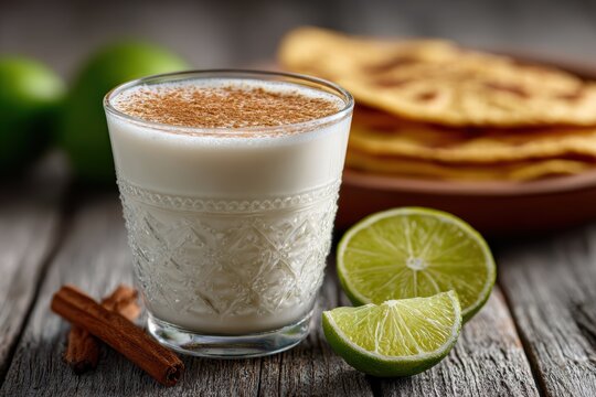 mexican food and drink, close-up of a cold horchata in glass with cinnamon, surrounded by mexican tacos and lime on a wooden table, under natural daylight