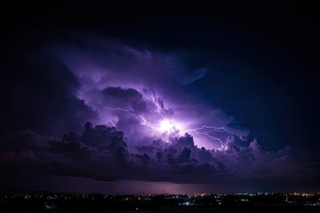 Dramatic night sky with lightning storm over city