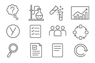 Scientific Process Icons. Line style icons of scientific processes: hypothesis icon, experiment setup, reaction icon, analysis