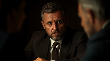Fototapeta premium Intense Man in Dark Meeting: Focused gaze, serious expression. Business meeting in dim light. Dramatic lighting accentuates focus and tension.