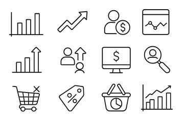 Shopping Analytics Icons. Line style icons of shopping analytics: bar chart, trend arrow, average spend icon, product stats; sales