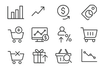 Shopping Analytics Icons. Line style icons of shopping analytics: bar chart, trend arrow, average spend icon, product stats; sales