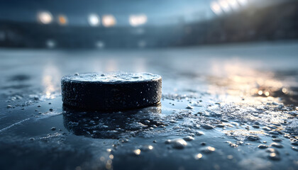 Hockey puck on wet ice surface with frost and water droplets. Blurred stadium background suggests professional game. Cold, clean, shiny texture of frozen rink for sports and winter themes