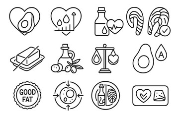 Cholesterol-Friendly Fat Icons. Line style icons of cholesterol-friendly fats: heart icon with avocado, healthy fats chart, oil