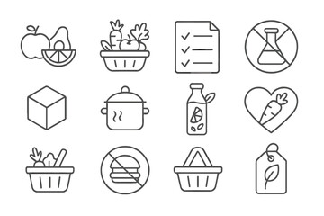 Clean Eating Icons. Line style icons of clean eating: whole foods, fruits and vegetables basket, ingredient list, no additives