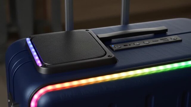 Sleek blue suitcase with integrated speaker and vibrant LED lighting system display