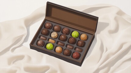 Luxurious chocolate assortment in a dark brown box, elegantly displayed on cream silk, perfect treat