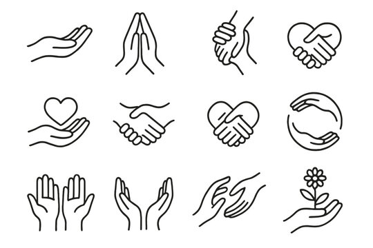 Supportive Hand Icons. Line style icons of support hands: open palm, two hands together, hand lifting another, helping hand; hand