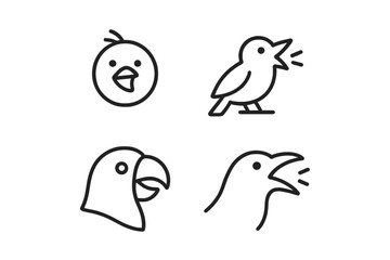 Chirping Bird Icons. Line style icons of birds with open beaks: chirping face, singing bird, talking parrot, calling crow; sharp