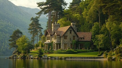 Scenic Lakeside Manor Nestled Amidst Verdant Forest and Majestic Mountains