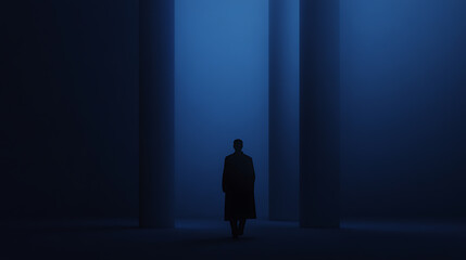 Obraz premium Silhouette of a figure walking towards a bright blue light between tall pillars. Moody and mysterious atmosphere. Enigmatic journey.