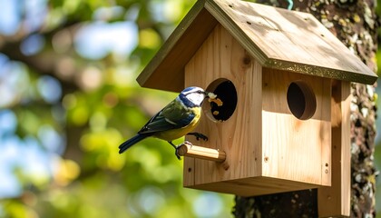 Blue tit at birdhouse