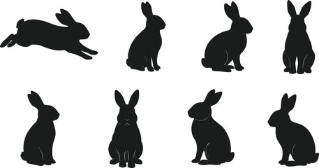 rabbit silhouette illustration, bunny vector, hare animal, pet rabbit, sitting bunny, leaping hare, wildlife art, black outline © Morsalin Creatives