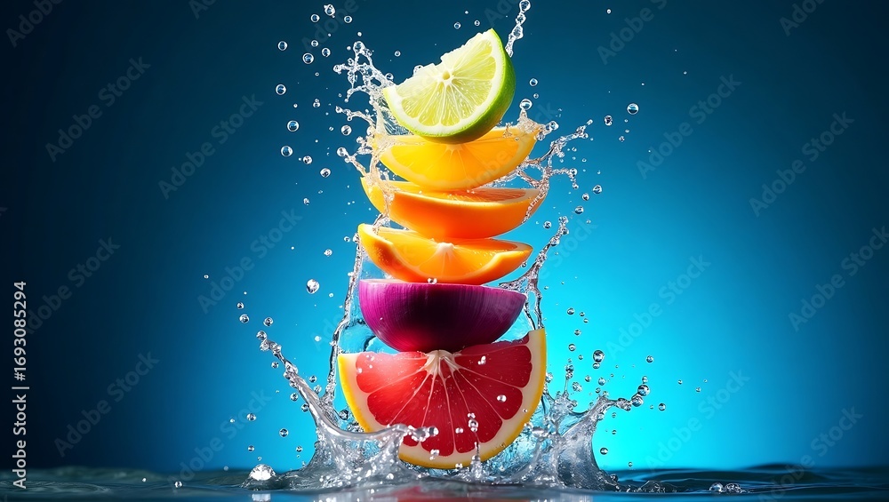 Poster a vibrant stack of citrus fruit slices in a dynamic water splash. generative ai.