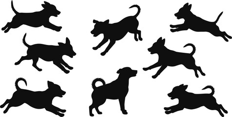 playful dog silhouettes, black vector design, running jumping puppy shapes, domestic pet artwork, animal clipart collection, graphic illustration