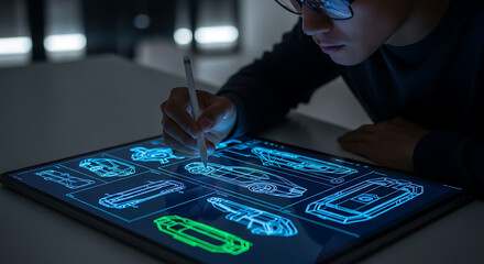 Automotive Engineer Designing Car Blueprints on a Digital Tablet with Stylus in a Dark Office