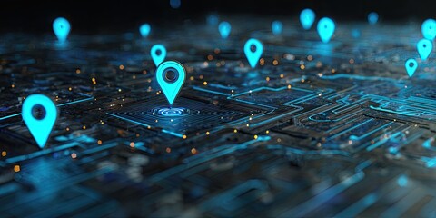 Abstract circuit board with glowing map markers
