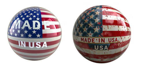 Two spheres with the american flag pattern and made in usa text isolated on transparent background