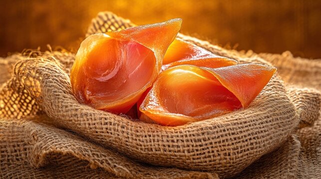 Gourmet delicacy amberjack fillets showcased with rustic charm on jute burlap cloth