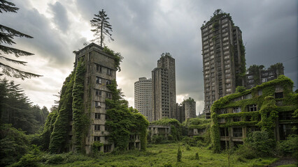 Overgrown futuristic skyscrapers landscape nature reclaims abandoned cityscape
