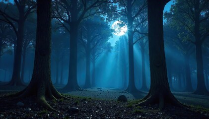 Enthralling view of a moonlit forest at night, shadows stretching long and dark between ancient trees, creating an atmosphere of mystery and tranquility , fog, forest floor