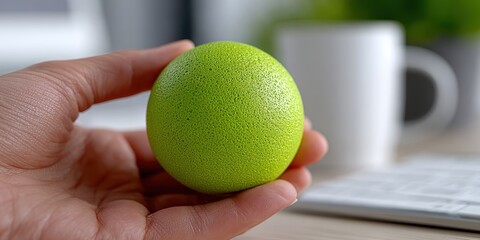 stress relief products, hand firmly gripping a green stress ball, with clear focus on the object, while the office desk with a keyboard and coffee cup is blurred in the background