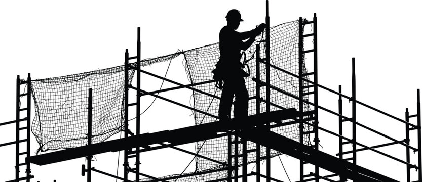 Silhouette of construction worker on scaffolding, safety netting, protective gear, industrial building site, height work, urban construction safety measures.