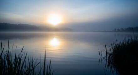 Obraz premium Serene Sunrise Over Foggy Lake with Reeds