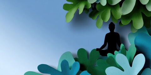 mental health campaign, pastel card with flat illustration of person meditating under a tree, with space for mental health awareness message