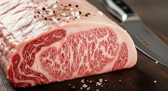 raw beef steak , Delicious marbled wagyu beef slices, rich in texture and flavor, presented raw and fresh. Perfect for gourmet dishes, steak lovers, and high-end culinary content.