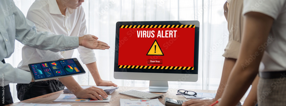 Poster virus warning alert on computer screen detected brisk cyber threat , hacker, computer virus and malw