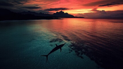 Mystical marine scene with a marlin silhouette under a colorful sky in the ocean