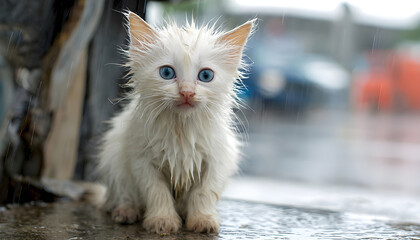 Sad, wet white angora kitten sits alone on city street during rainfall. This abandoned, hungry stray has bright blue eyes and dirty, matted fur. A symbol of neglected pets needing adoption and care
