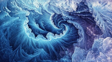Hypnotic blue fractal spiral forming abstract wave patterns with snowy crests