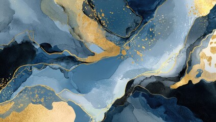 Abstract fluid art design with shades of blue and gold