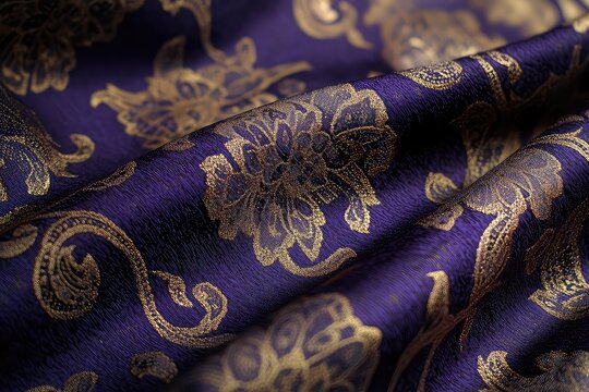 Rich brocade fabric in royal purple, showcasing intricate patterns for an opulent presentation