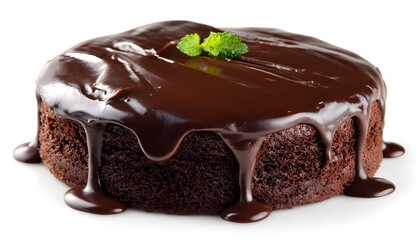 Chocolate cake with rich ganache topping, isolated on white, perfect for bakery menus and sweet dessert promotions
