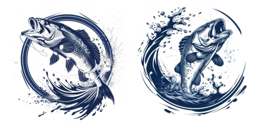 Dynamic illustration of a jumping bass fish in a splash of water, dark blue ink style isolated on transparent background